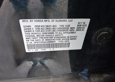 2020 Honda Pilot Awd Touring 7 Passenger z USA, uszkodzony, nr VIN 5FNYF6H63LB000691